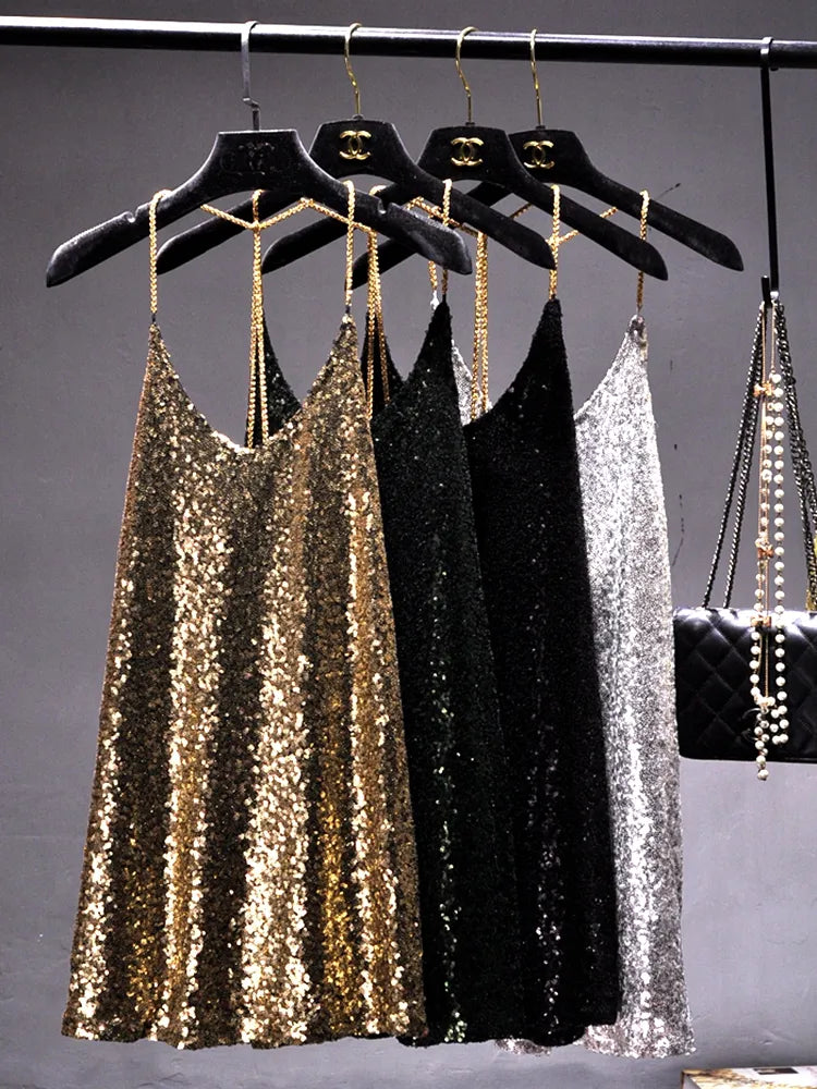 Dresses for Women Party Metal Chain Hanging Neck  Render In Sequined Dress Sexy Backless  Nightclub Female Costumes