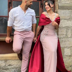 Luxury Arabic Pink Burgundy Mermaid Evening Dress with Cape Dubai Engagement Dress for Women Wedding Party