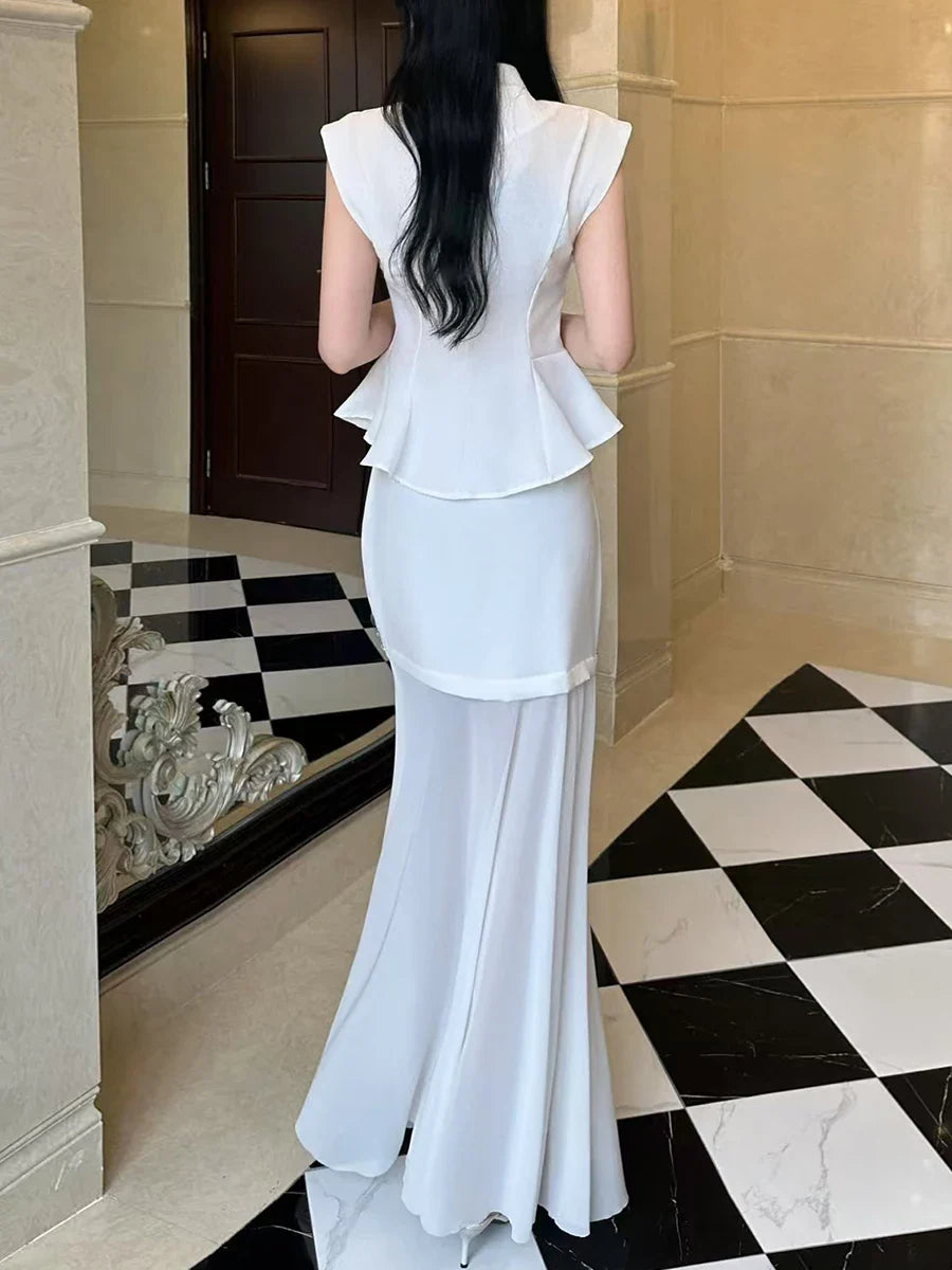 Solid Two Piece Sets for Women Round Neck Sleeveless Patchwork Sequin Vest High Waist Sheer Skirt Set Female New