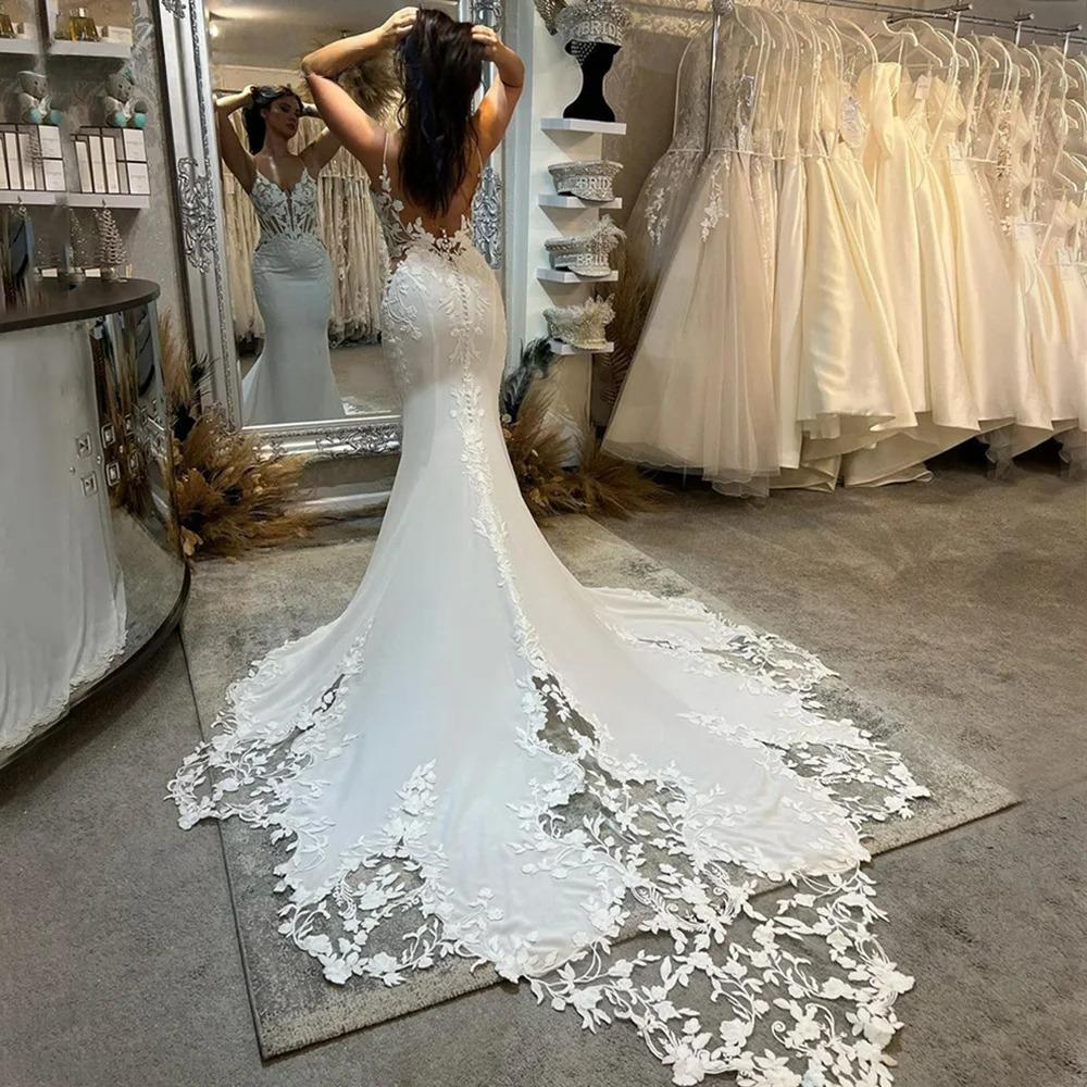 Sexy Elfenbein Boho Spitze V-Ausschnitt Brautkleider Spaghettiträger Meerjungfrau Brautkleid Applizierte Spitze Rückenfreie Brautkleider 2024 