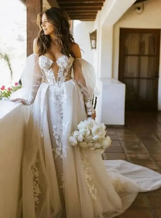 Sevintage Bohemia Wedding Dresses Sweetheart 3D Flower Appliques Lace A-Line Bridal Gowns Beach Puff Sleeves Boho Wedding Dress