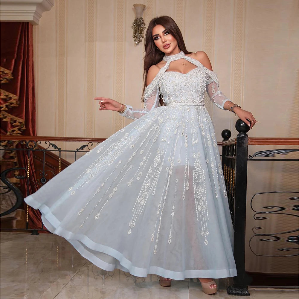 Luxury Dubai Light Blue Evening Dress for Women Wedding Elegant Off Shoulder Beaded Arabic Formal Party Gowns
