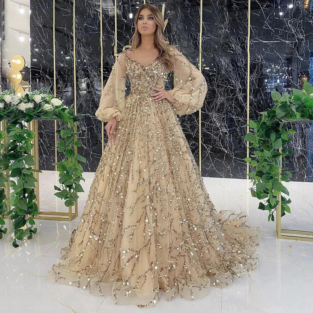 Long Sleeve Golden Heavy Beading Luxury Evening Dress Sexy Socialite Aura Queen Long Dress Plus Size