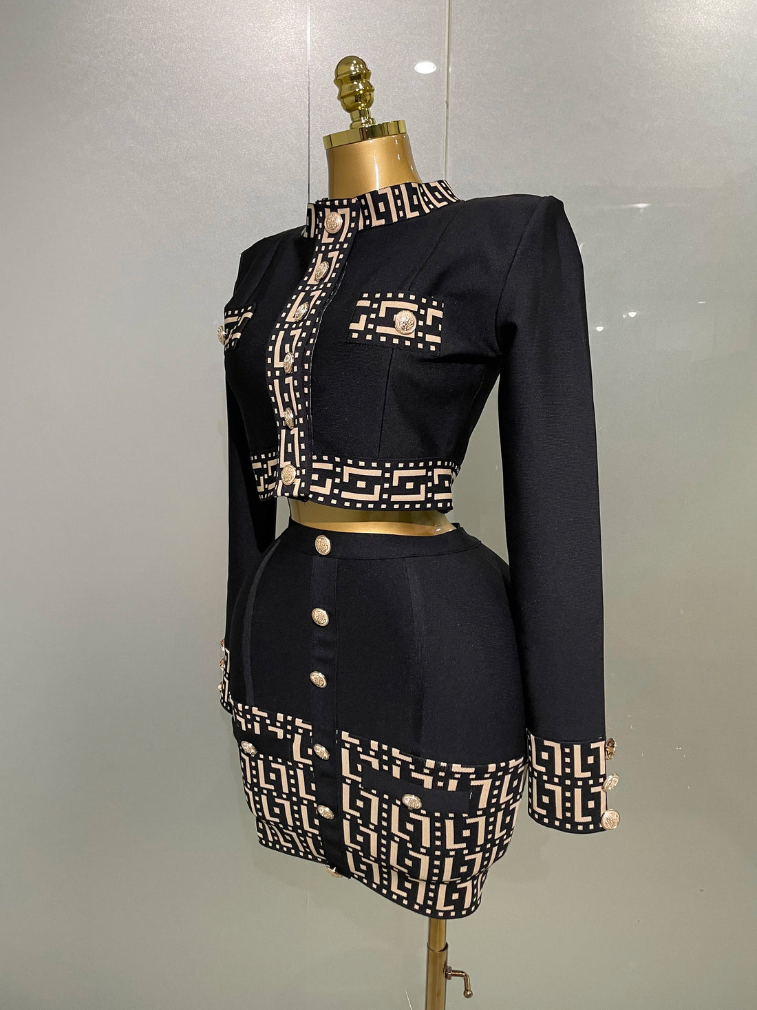 New Trendy Black Long Sleeves Two Pieces Bandage Set Button Top Short Skirt Suit Evening Party Women's Outfit Nightclub Wear