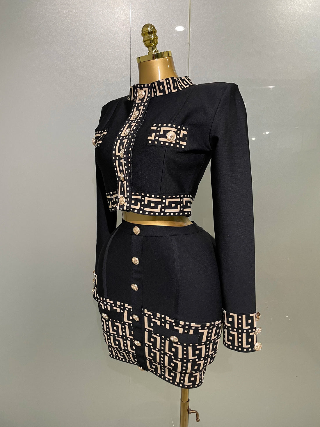 2025New Trendy Black Long Sleeves Two Pieces Bandage Set Button Top Short Skirt Suit Evening Party Women's Outfit Nightclub Wear