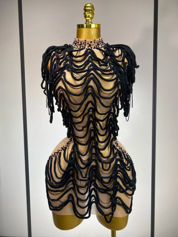 Women Sexy Fashion Short Dress Mesh Designer Rhinestones Chain Stage Costume Nightclub Celebrate Party Performance Outfit