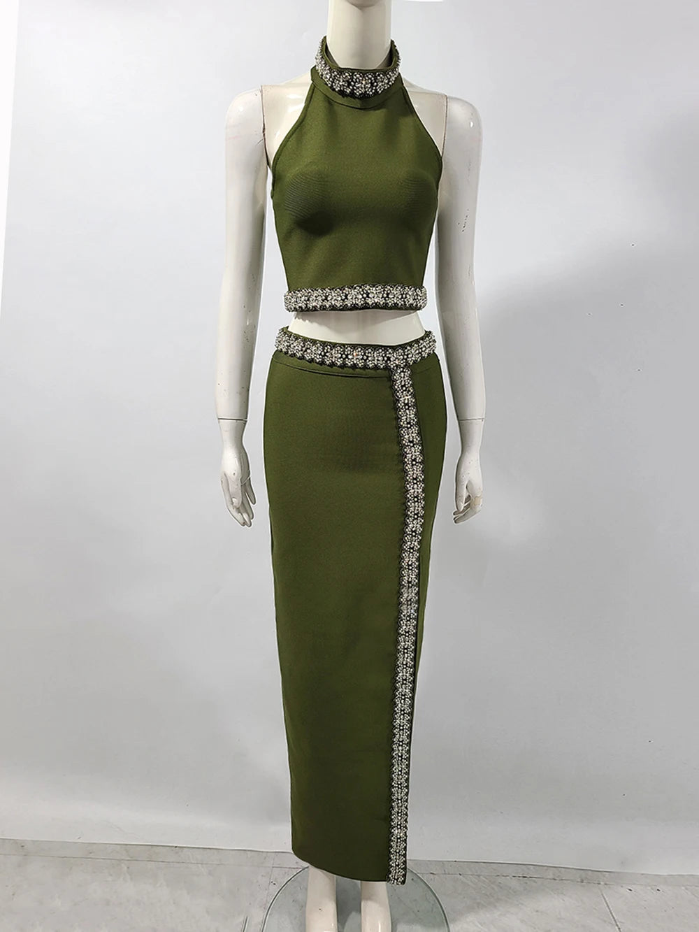 2025 Black Army Green Bandage Two Pieces Sets Sexy Diamond Bead Halter Top Long Skirt Women Bodycon Clothing Elegant Party Sets