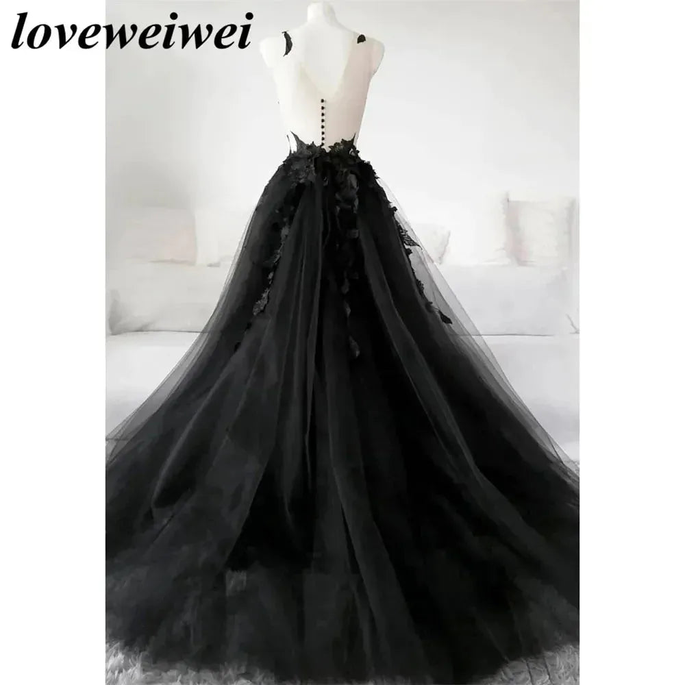 Gothic Black Prom Dresses Sexy Backless High Side Split A-line Evening Dress Appliques Lace Formal Party Gowns Robe De Soirée Custom color