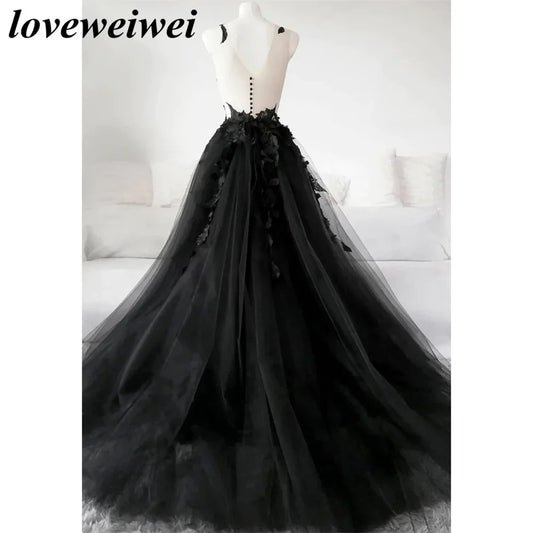 Vestidos de fiesta negros góticos sexys sin espalda con abertura lateral alta en forma de A, vestidos de noche con apliques de encaje, vestidos de fiesta formales, Robe De Soirée