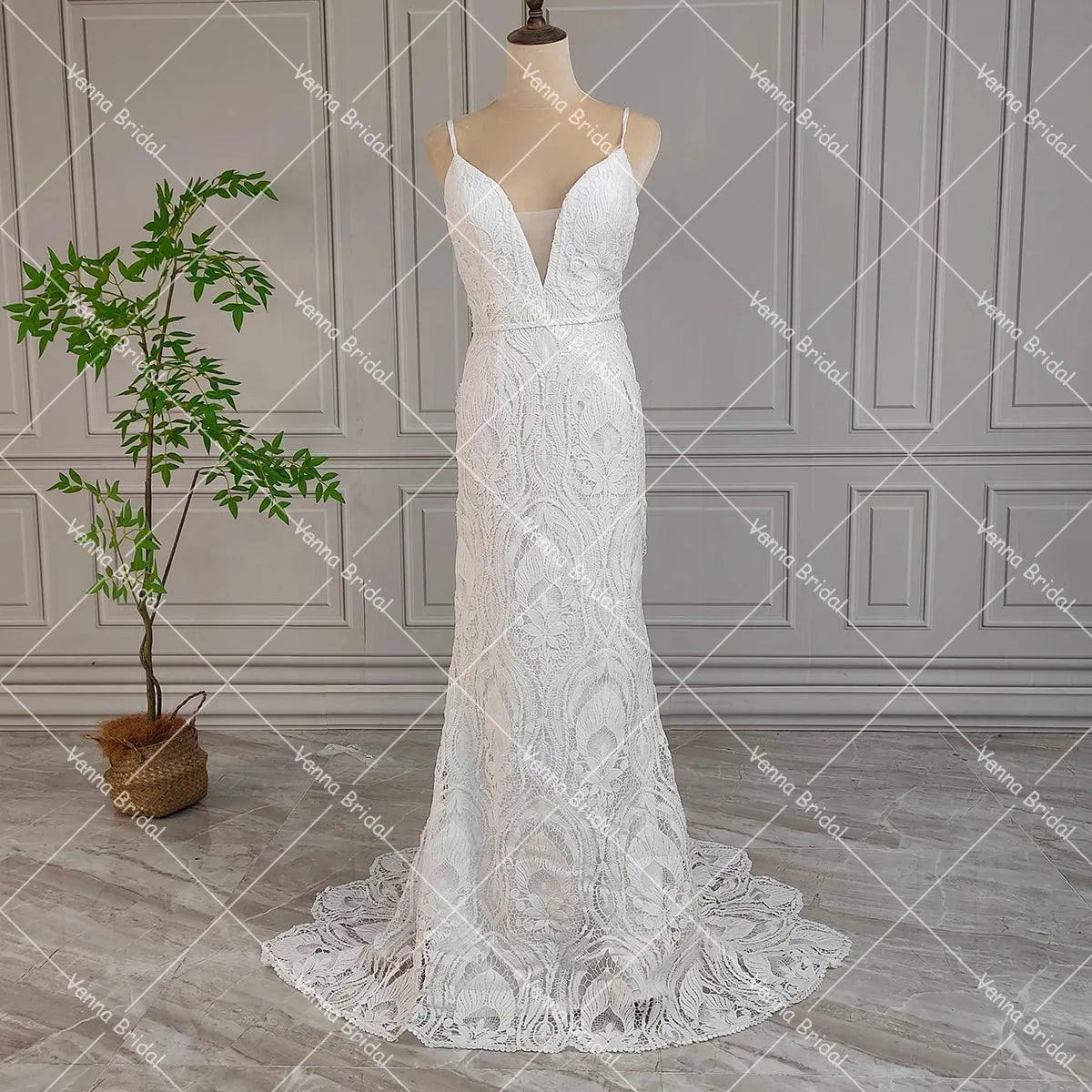 Spaghetti Strap Lace Mermaid Wedding Dress Boho Beach Rustic Open Back Backless Cut Out Country Sweep Train Bridal Gowns