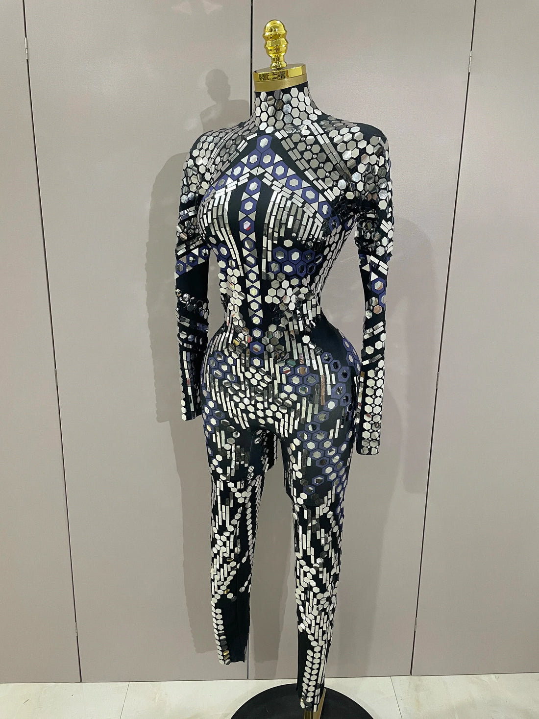 Sexy Shiny Silver Sequins Mirror Black Spandex Jumpsuit  Women Prom Dancer Singer Costume Evening Birthday Show Stage Outfit