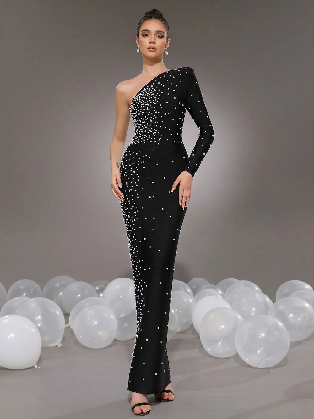 2025 Elegant Women Light Luxury Nail Bead Bandage Dress with Slant Neck Single Shoulder Sleeve Bodycon Black Long Dress Vestidos