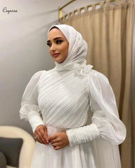 Vestido de novia musulmán con hijab de corte A para novia, color blanco roto, Abaya, vestido de novia, manga larga, vestido de boda