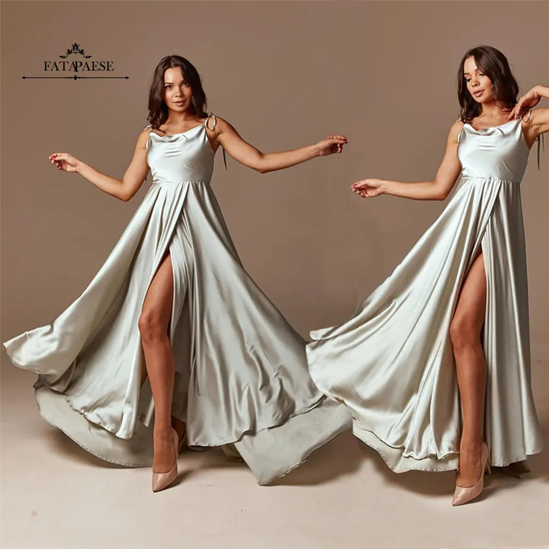 Mint Green Bridesmaid Dresses Satin Maxi Flared Dress for Women High Slit Sexy Open Back A Line Wedding Evening Gown