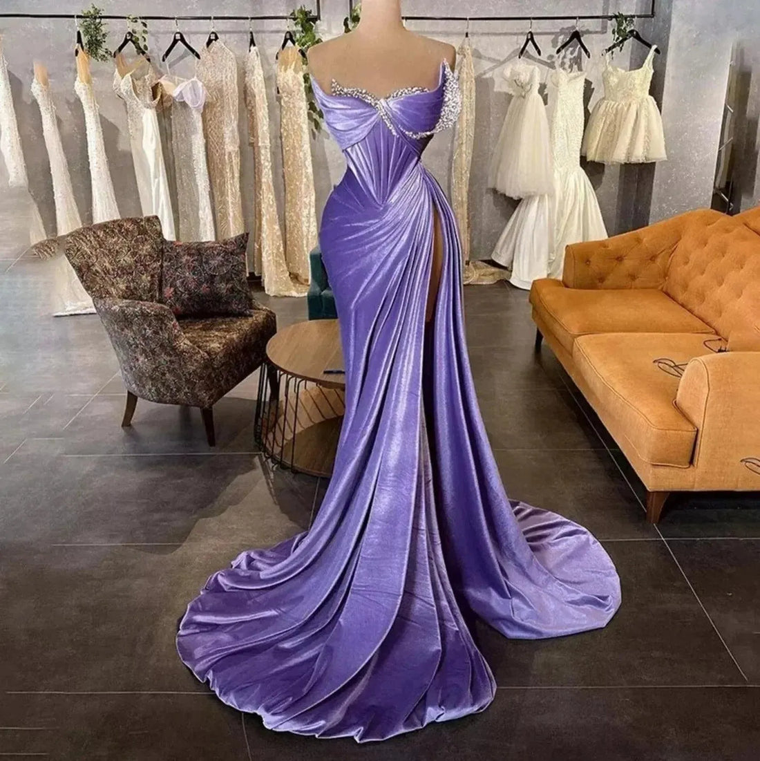 Glitter Mermaid sexy strapless backless wrap hips with floor length cocktail party formal ball party luxury evening dress Mermaid