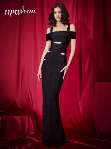2025 Sexy Women's Hollow Design Bandage Dress Spaghetti Strap Shoulder Sleeve Bodycon Long Dress Cocktail Evening Party Vestidos