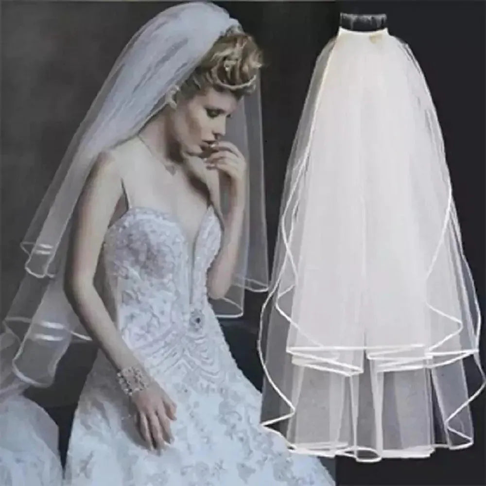 Ramanda Two-Layer Lace Bridal Veil Tulle Ribbon Edge Shoulder Length Bridal Veils