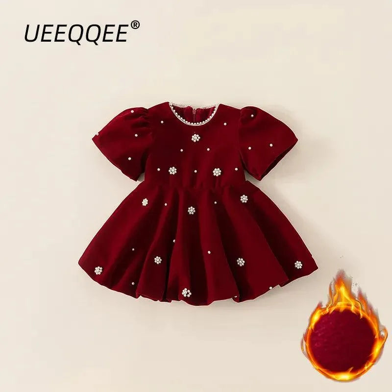 Pearl Warm Fleece Autumn Winter New Children Party Dress Girls Christmas Short Sleeve Toddler Princess Kids Wear For 1-10Y Red(With Fleece)