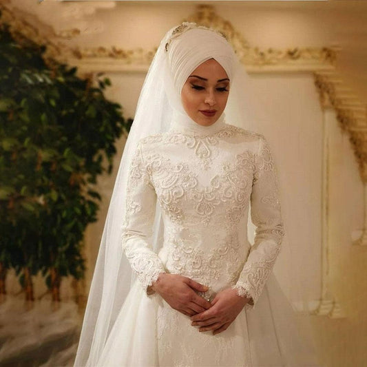 Hvite/elfenben kvinner a-line brudekjoler muslimske arabiske blonder applikasjoner brudekjoler elegante lange ermer vestidos de novia