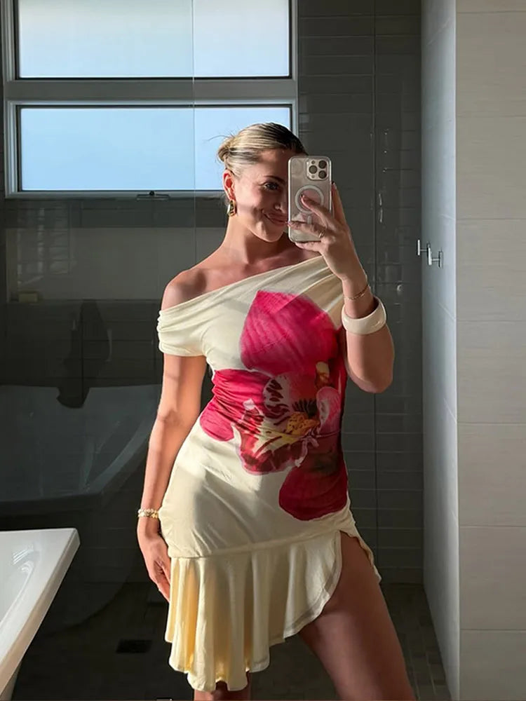 Lady Irregular Pleat Hem Print Dress Fashion Off Shoulder Ruffle Hem Mesh High Slit Vestido Summer Church Dresses For Woman 2025