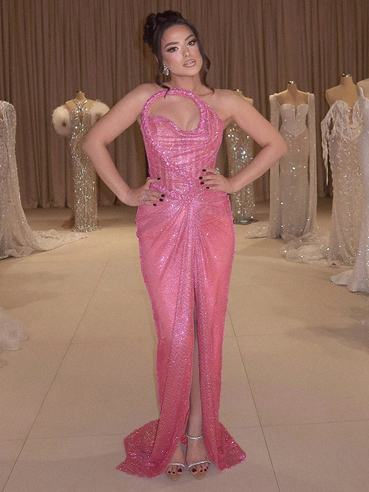 VC Party Artistic Glam Pink Mesh Sequin Strapless Backless Dress with High Slit Galas Gown