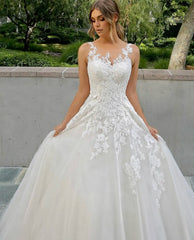 Elegant Wedding Dress A-Line O-Neck Tank Lace Appliques Illusion Button Tulle Bride Gown Robe De Mariée Customized