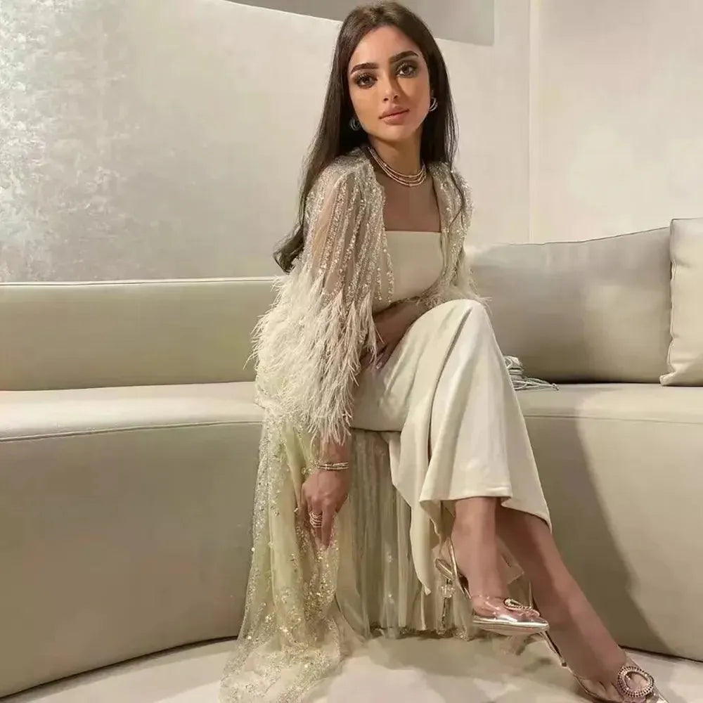 Light Yellow Luxury Dubai Feathers Evening Dresses for Women Wedding Party Arabic Purple Formal Prom Gowns Evening Dress