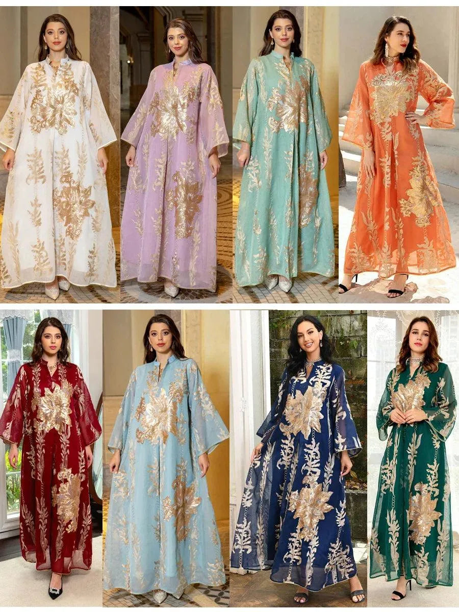 Sequins Embroidered Abaya Dress For Women Moroccan Kaftan Turkey Arabic Jalabiya White Islamic Ethnic Robe Eid New