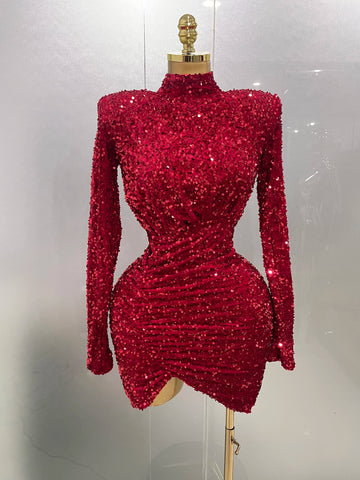 Sexy Sparkly Red Sequins Long Sleeve Short Dress 2025 New Women Evening Celebrate Birthday Party Club Performance Stage Costume