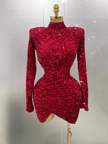 Sexy Sparkly Red Sequins Long Sleeve Short Dress  New Women Evening Celebrate Birthday Party Club Performance Stage Costume