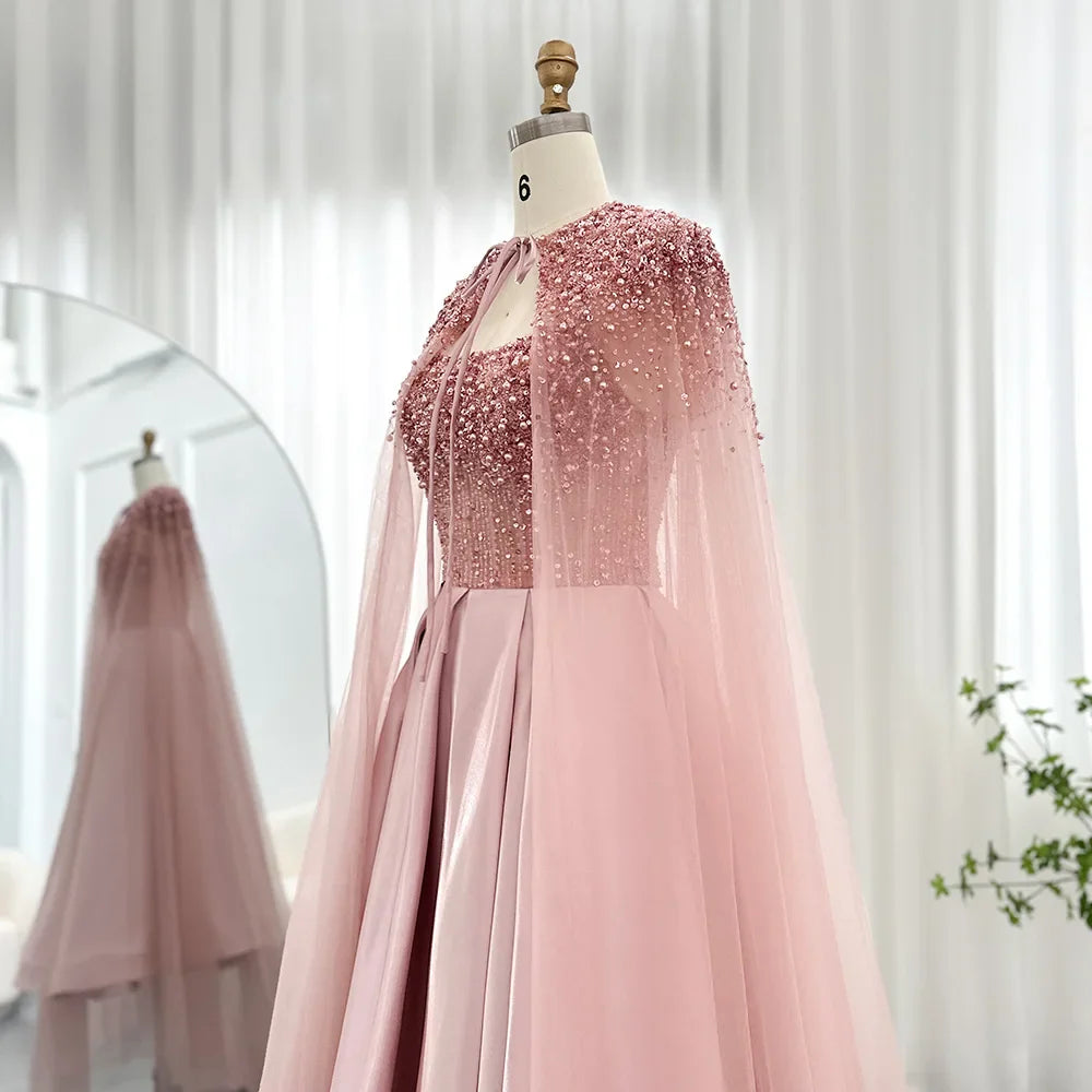 Vestido de noche árabe de lujo de color rosa de Dubái con capa turquesa hasta los tobillos, vestido midi corto para mujer para fiesta de boda 