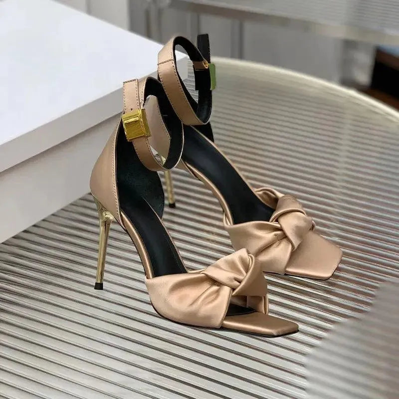 New Sandals Woman Crystal Studded Round Heels Sandals Women Satin Ankle Strap High Heels Runway Shoes Summer Sandalias Mujer As Show