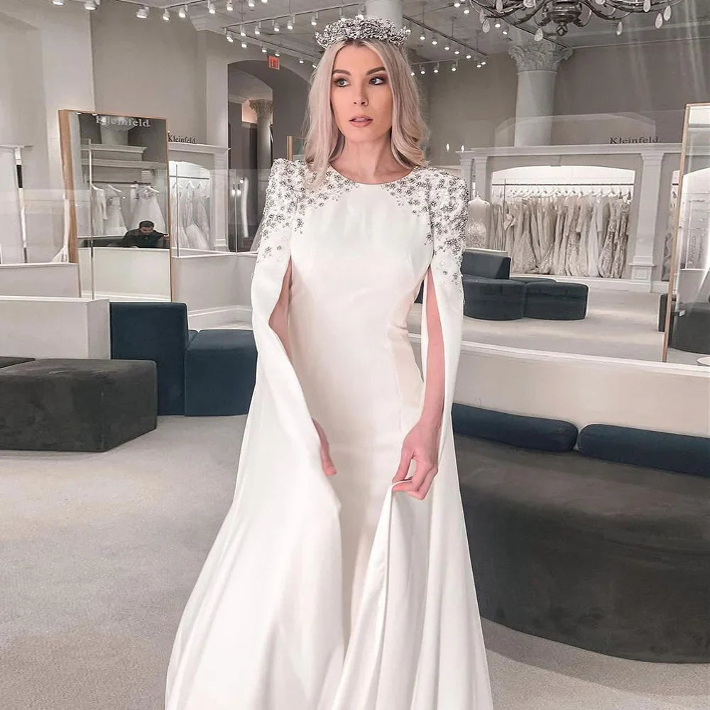 Elegant White Mermaid Dubai Evening Dress for Women Wedding Party Cape Sleeves Muslim Long Formal Dresses