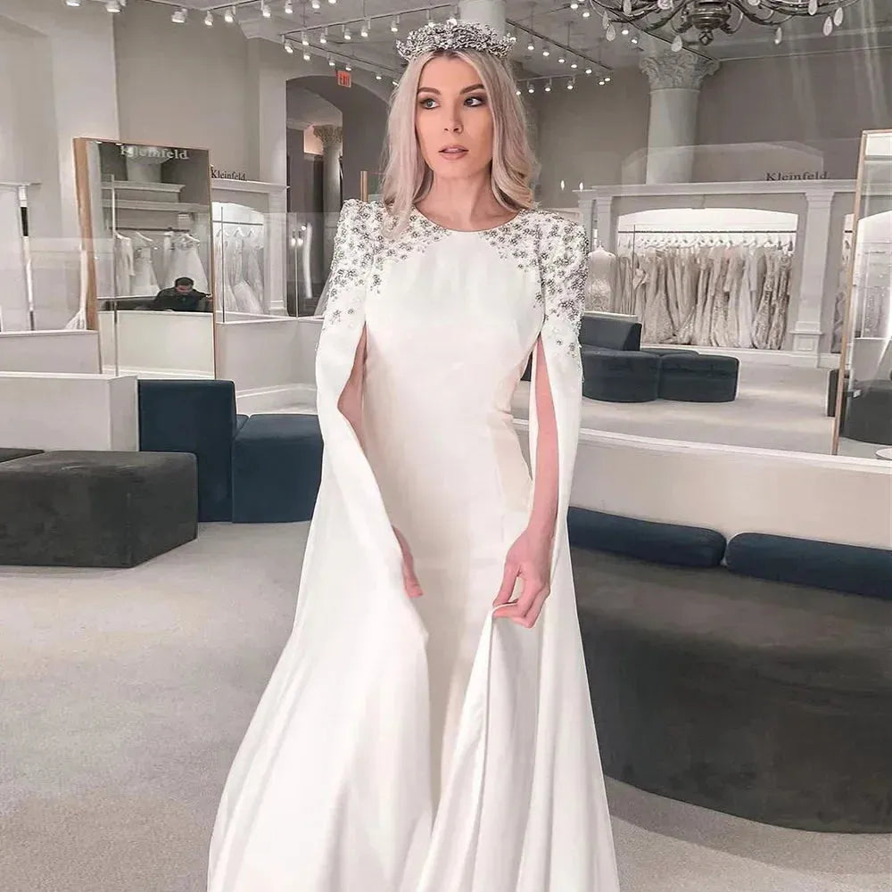 Elegant White Mermaid Dubai Evening Dress for Women Wedding Party Cape Sleeves Muslim Long Formal Dresses Evening Dress Satin