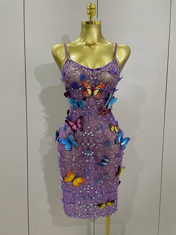 Women Celebrity Luxury Birthday Nightclub Stage Outfit 2025 Sparkly Butterfly Purple Sexy Mesh See Through Dress
