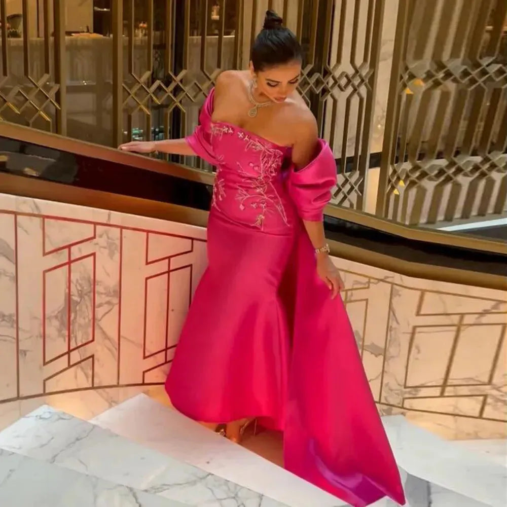 Fuchsia Mermaid Dubai Luxury Evening Dresses with Cape Shawl Arabic Women Long Wedding Party Guest Gowns Evening Dress
