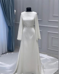 Elegant Long Sleeve Muslim Wedding Dress Bride Satin Beaded Pearls Ivory Bridal Gowns High Neck Robe De Mariée