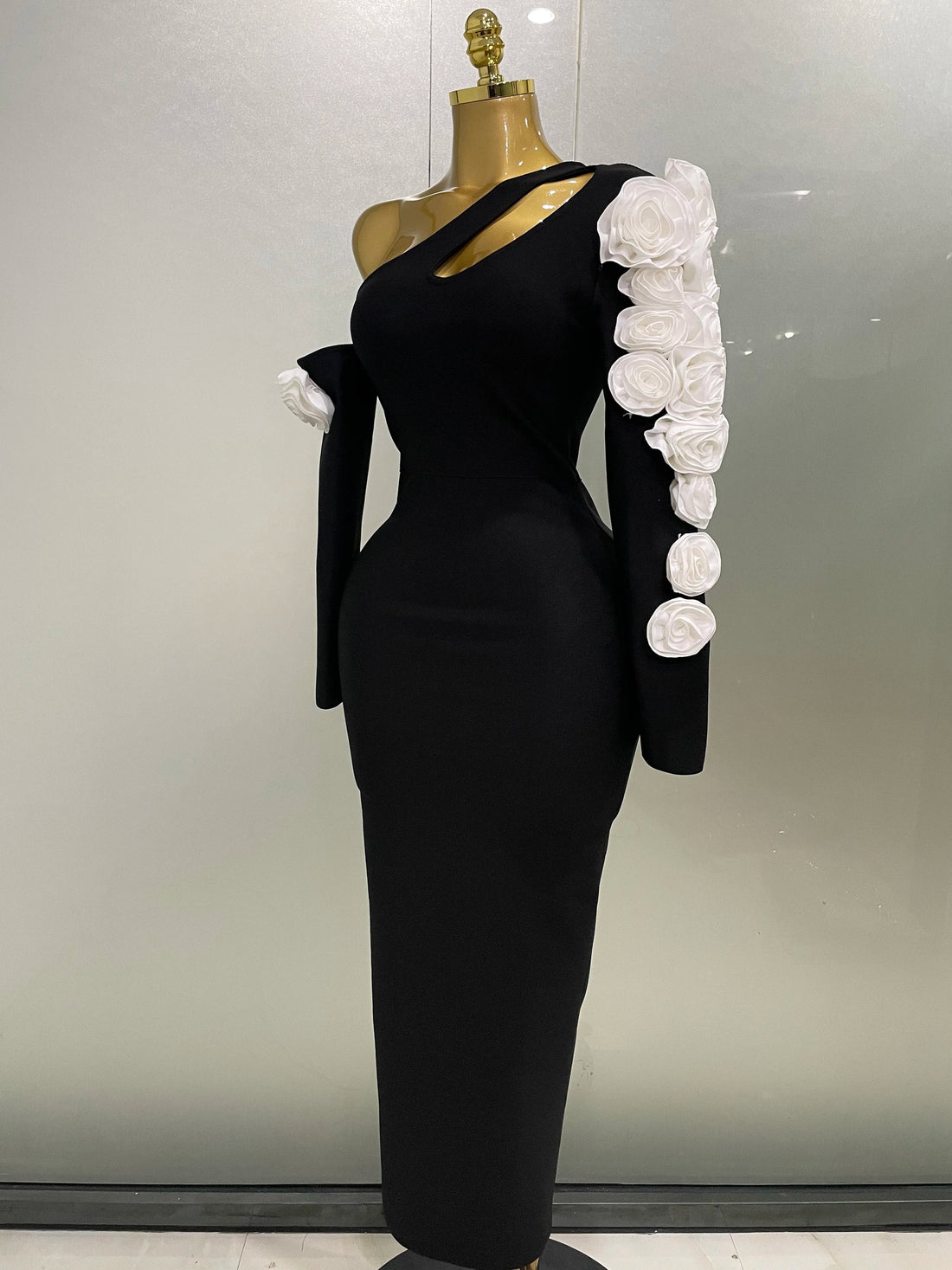 New Sexy One Shoulder Key Hole Flower Maxi Long Bodycon Bandage Dress Women Knitted Elegant Evening Club Party Outfit