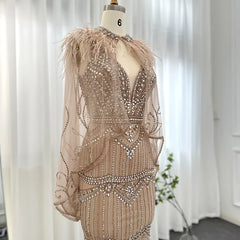 Champagne Mermaid Evening Dress with Feathers Shawl Cape Luxury Dubai Prom Dresses Long Graduation Formal Gown