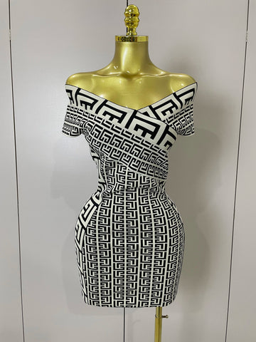 2025 Women Sexy Jacquard Slash Neck Off Shoulder Bodycon Mini Bandage Dress Elegant Evening Birthday Party Dress