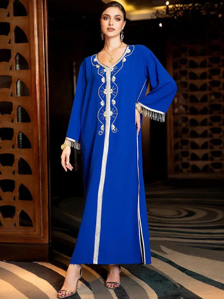 Muslim Dress Pure Handwork Rhinestone Beaded Chic Tassel Full Sleeve V-Neck Abayas For Moroccan Women Royal Blue Dress