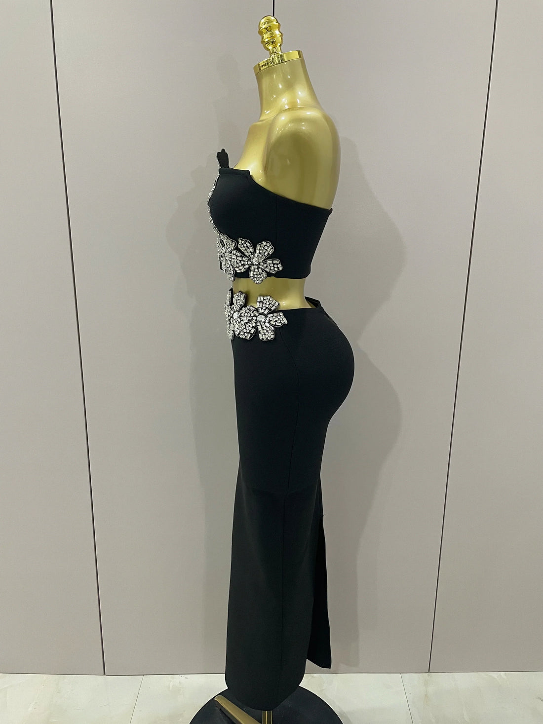 Sexy Strapless Flower Diamonds Black Maxi Long Bandage Two Piece Set  Women Knitted Elegant Evening Club Party Prom Gowns