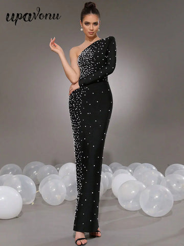 2025 Elegant Women Light Luxury Nail Bead Bandage Dress with Slant Neck Single Shoulder Sleeve Bodycon Black Long Dress Vestidos
