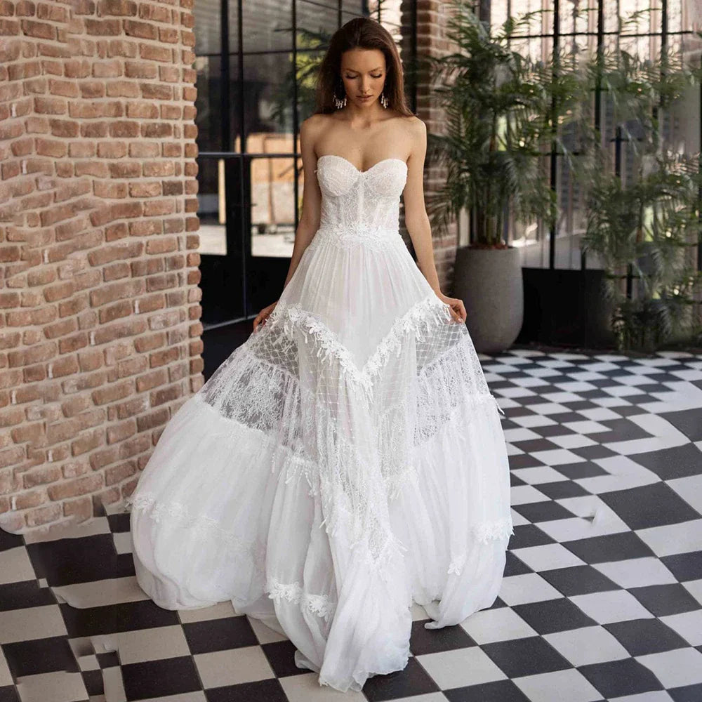 Eleganti abiti da sposa a-line Donne Apri fuori dalla spalla Sweetheart Lace Boho Bridal Abito da sposa Sweep Train Vestidos de Noiva