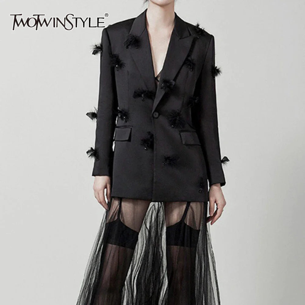 Solid Slimming Spliced Bead Feather Blazers for Women Lapel Long Sleeves Patchwork Button Blazer Female Fashion New