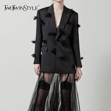 Solid Slimming Spliced Bead Feather Blazers for Women Lapel Long Sleeves Patchwork Button Blazer Female Fashion New