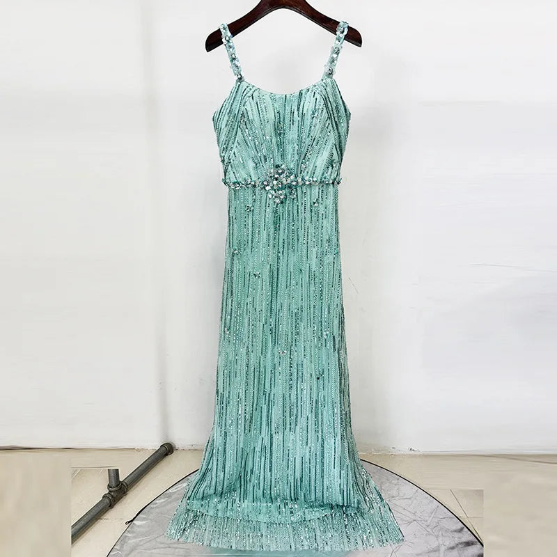 TWOTWINSTYLE Slimming Spliced Sequins Luxurious Dresses for Women Square Neck Sleeveless Patchwork Bead Elegant Dress Female New LIGHTGREEN
