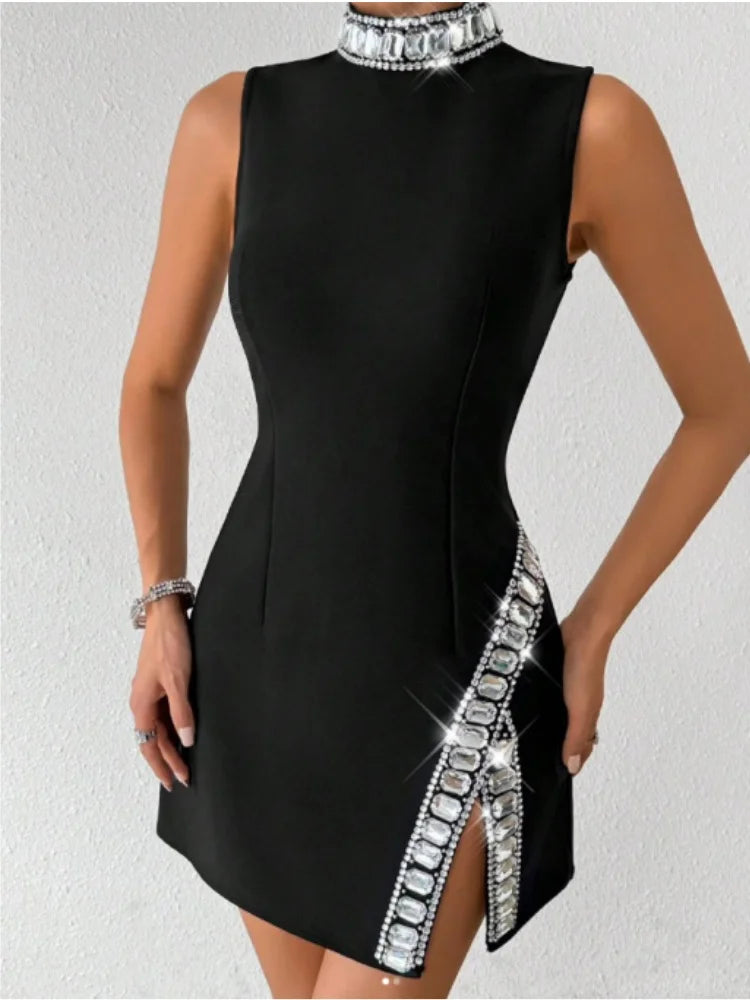 Black Red Women Sleeveless Sexy Big Crystal Sparkly Bodycon Mini Bandage Dress Celebrate Birthday Party Nightclub Outfit Vestido