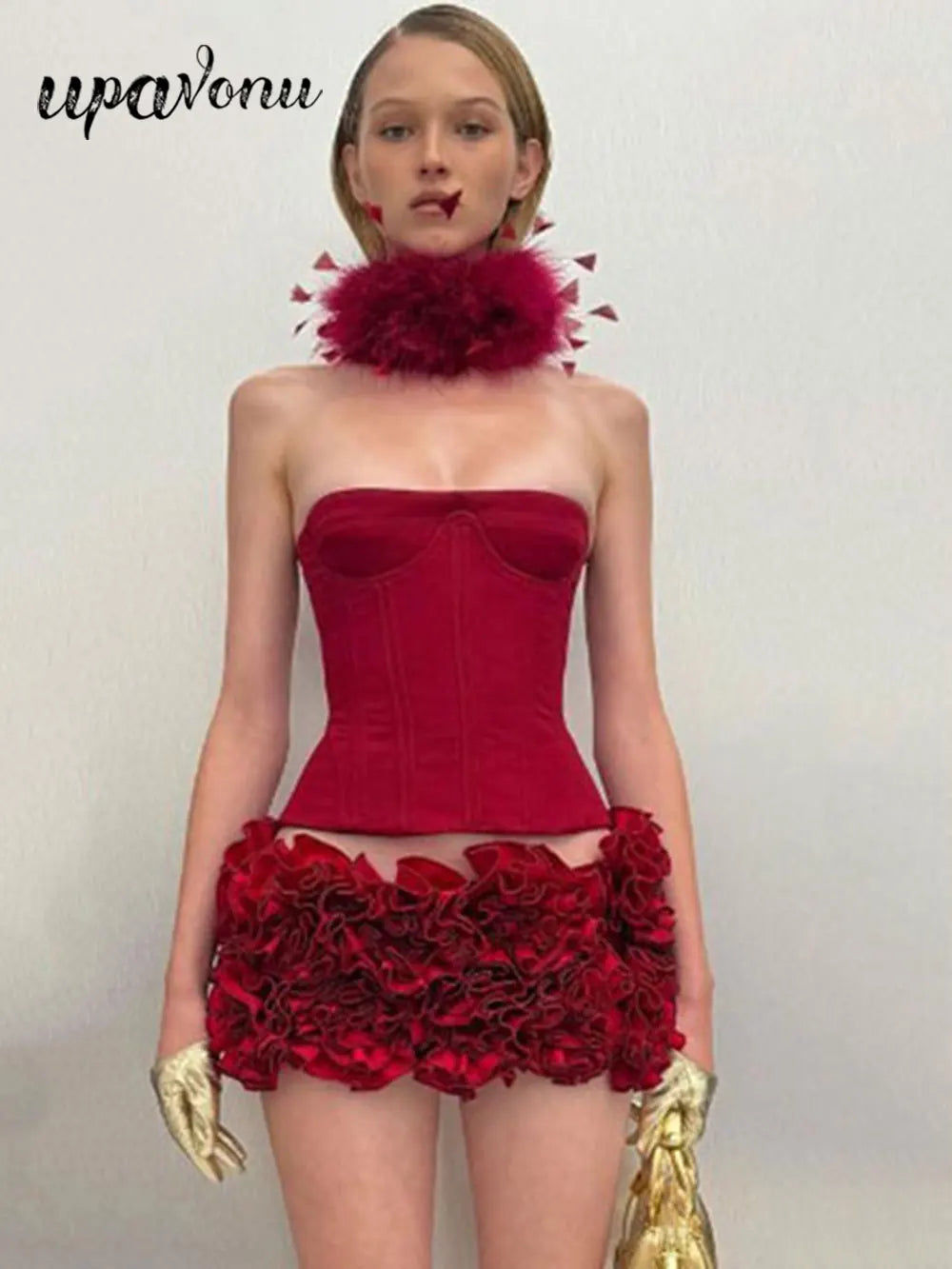 2024 Sexy Women'S Floral Mini Skirt Set Strapless Sleeveless Fishbone Backless Drawstring Vest+Mini Skirt Two-Piece Set