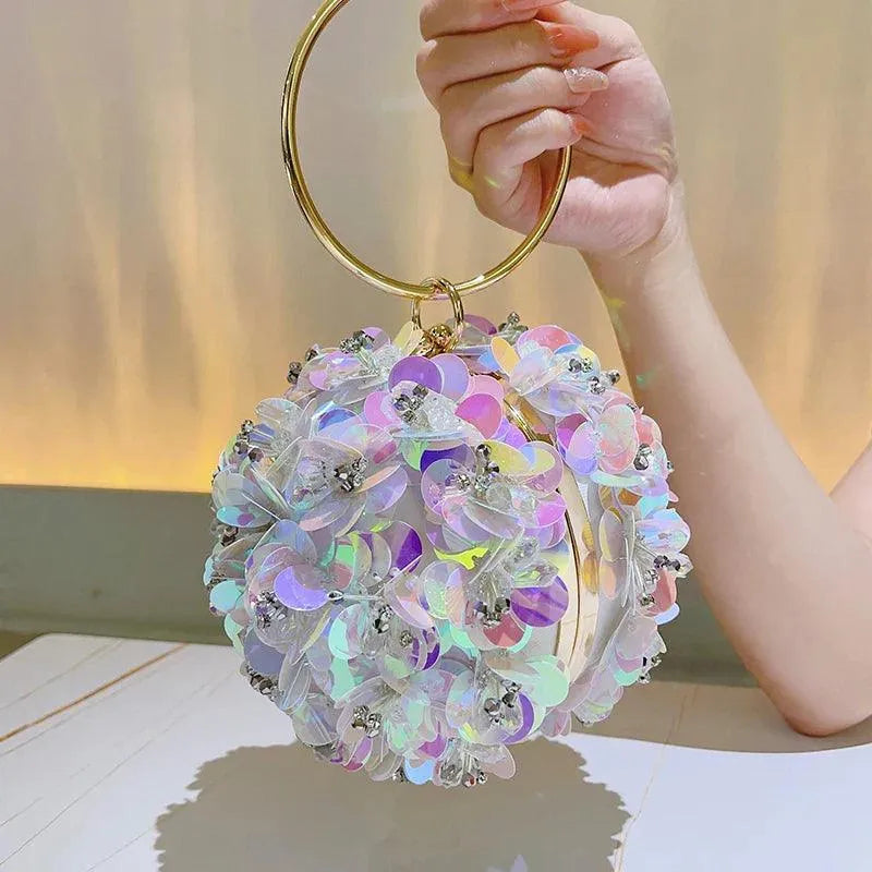 Mini Sequin Floral Clutch Bag, Elegant Round Evening Bag, Women's Formal Dinner Purse For Wedding Party & Prom Colorful